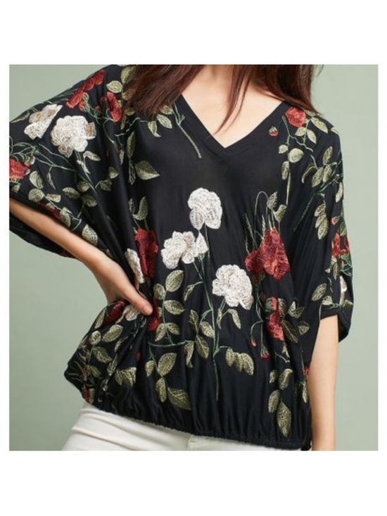 Anthropologie Tops - Anthropologie Black Floral  Embroidered Top Allora Size Medium Large Art to Wear